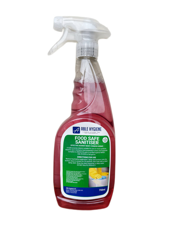 Food Safe Sanitiser Spray 750ml - Kills 99.999% of Germs | Kitchen Surface Cleaner for Food Preparation Areas